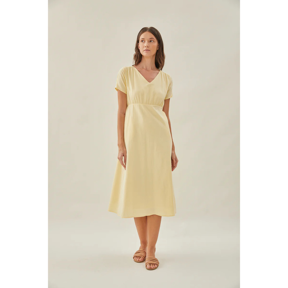 Waisted Midi Dress V Neck Short Sleeve Side Pockets Cotton Soft Yellow S